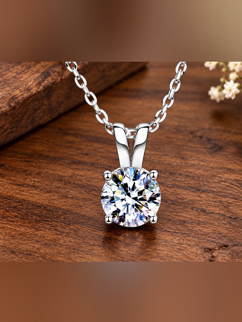 Sterling Silver Solitaire Round CZ Pendant Necklace 925